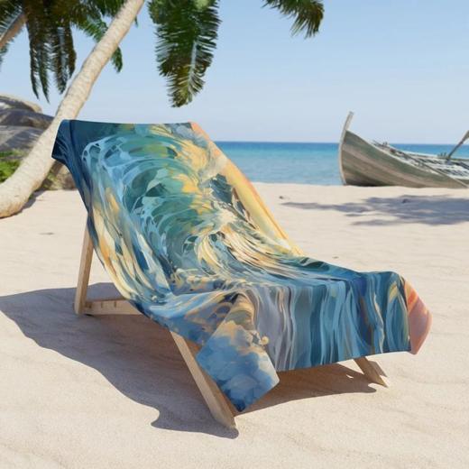 Ocean Wave Beach Towel, Watercolor Wave Art, Large 36x72 Beach Towel