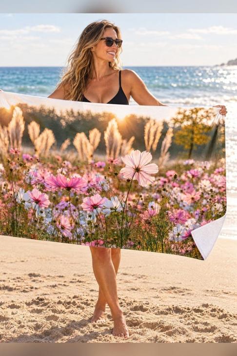 Pink Cosmos Field Beach Towel — Garden Gift