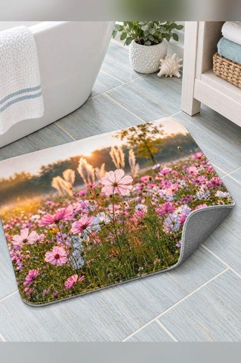 Pink Cosmos Field Bath Mat — Coastal Gift