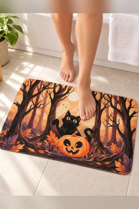 Halloween Black Cat Bath Mat, Halloween Gift — Cat Lover Gift