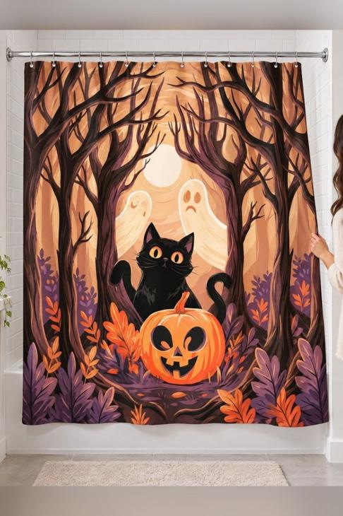 Halloween Black Cat Shower Curtain, Halloween Gift — Spooky Bath Gift