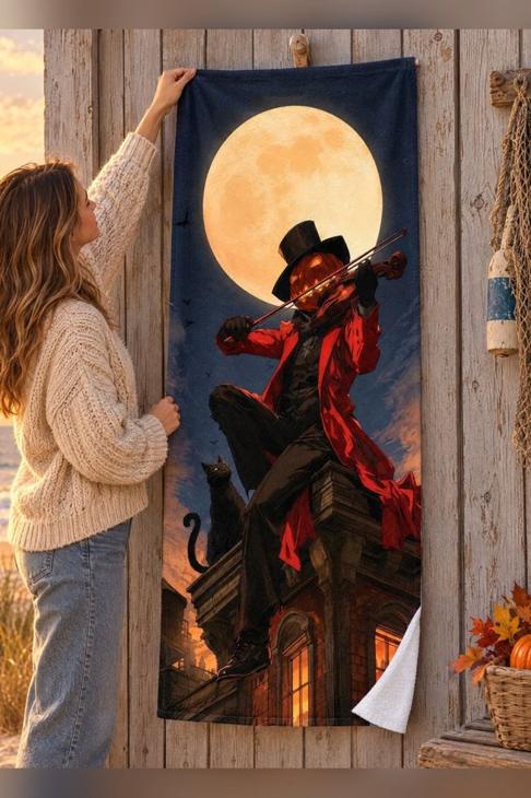 Halloween Pumpkin Violinist Beach Towel, Gothic Halloween Decor — Halloween Gift