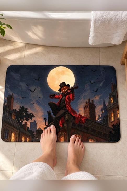 Halloween Pumpkin Violinist Bath Mat, Gothic Halloween Decor — Spooky Bath Gift