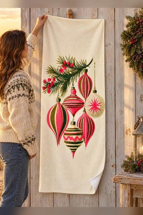 Retro Christmas Ornament Beach Towel, Christmas Gift — Holiday Gift