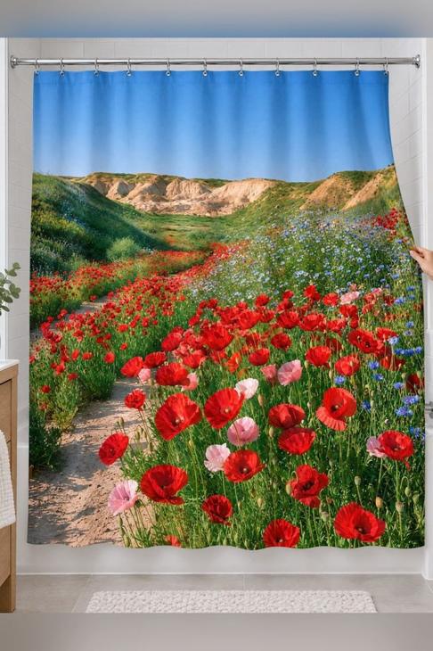 Red Poppy Floral Shower Curtain, Gift for Mom — Spring Bath Gift