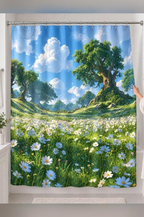 Daisy Meadow Shower Curtain, Cottagecore Decor — Dreamy Bath Gift
