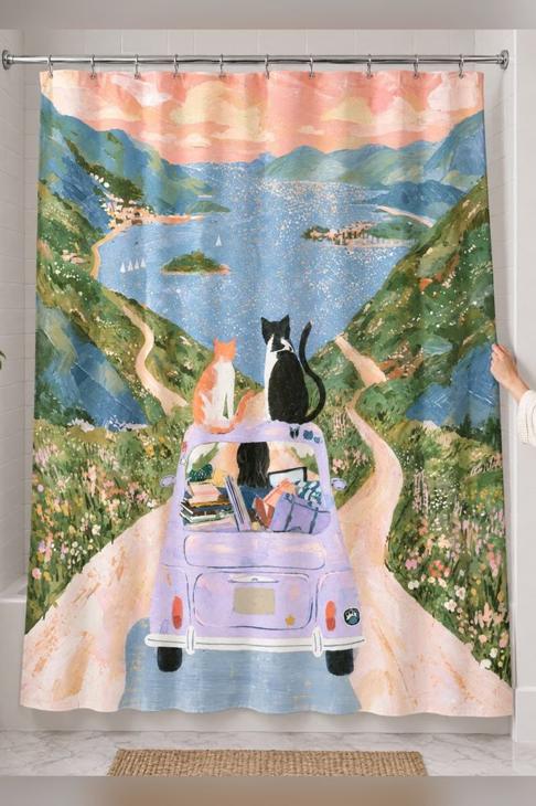 Cat Road Trip Shower Curtain, Cat Mom Gift — Whimsical Bath Gift