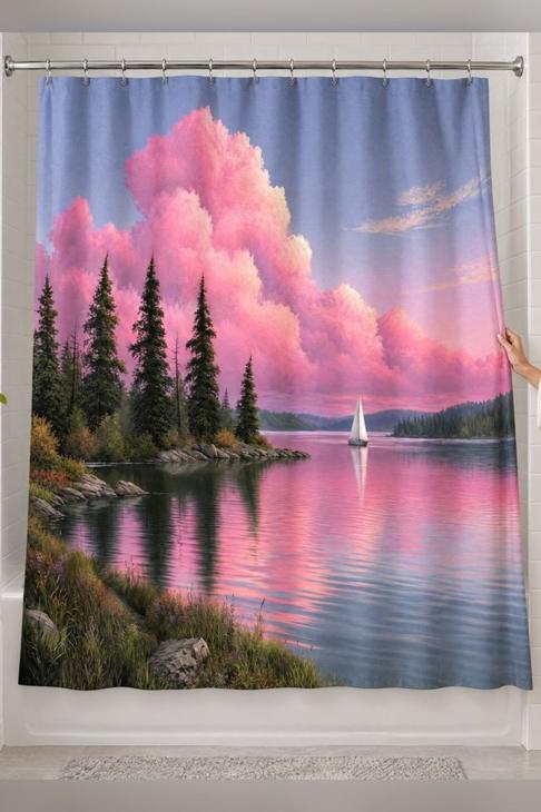 Pink Lake House Shower Curtain, Cabin Decor — Calm Bath Gift