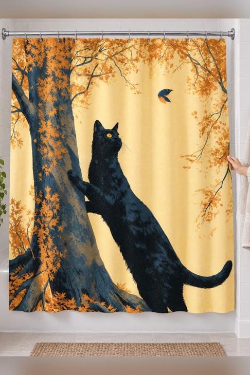 Fall Cat Shower Curtain, Cat Lover Gift — Fall Bath Gift