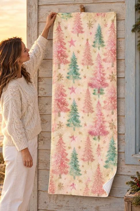 Pink Christmas Tree Beach Towel, Vintage Pastel Holiday Decor — Christmas Hostess Gift