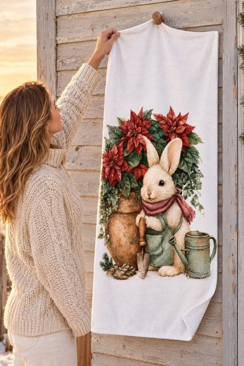 Poinsettia Bunny Watercolor Beach Towel, Christmas Garden Decor — Gardener Gift