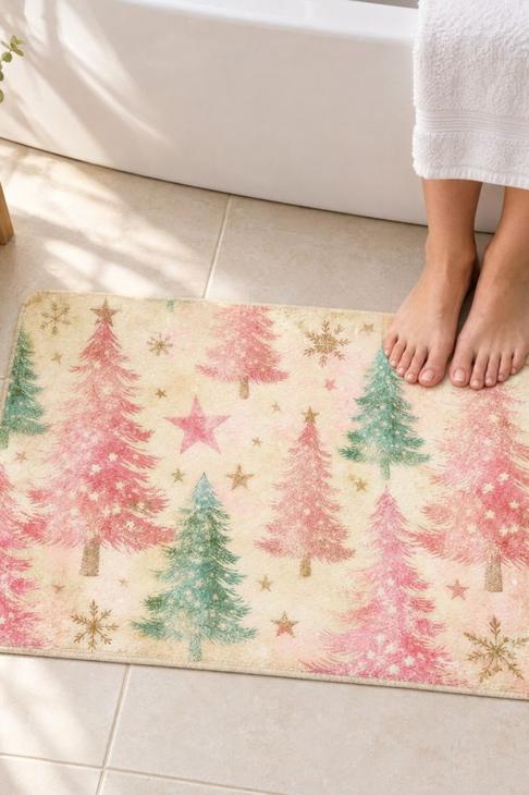 Pink Christmas Tree Bath Mat, Vintage Pastel Holiday Decor — Christmas Hostess Gift